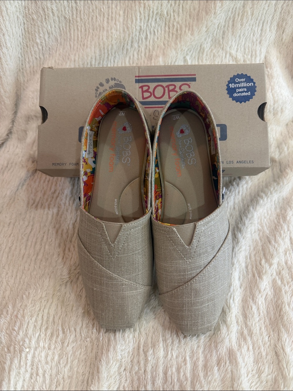BOBS from Skechers Beige Linen Slip-On Flats with Floral Lining